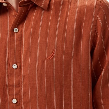  Nautica Erkek Kırmızı Classic Fit Çizgili Keten Gömlek