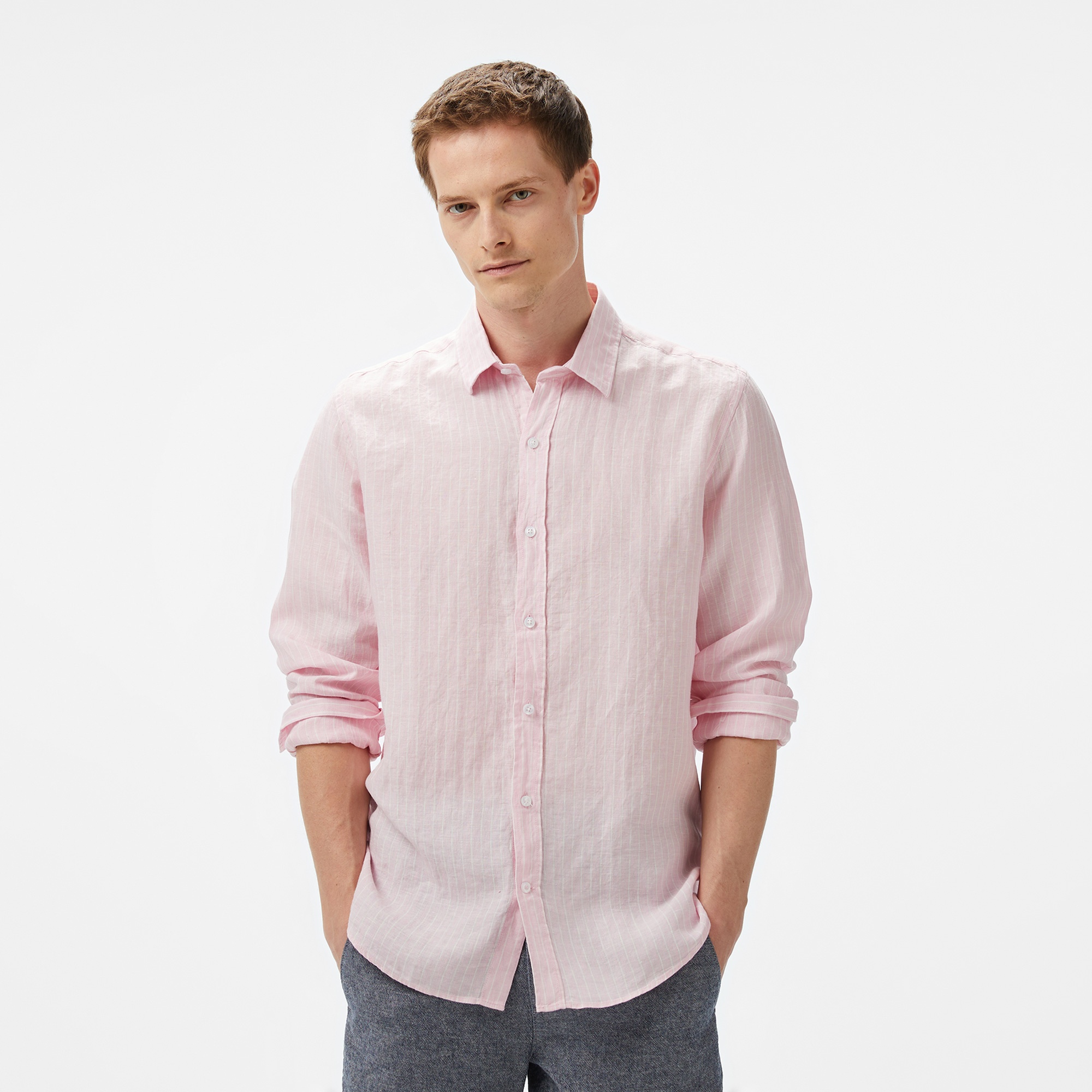 Nautica Erkek Pembe Classic Fit Çizgili Keten Gömlek