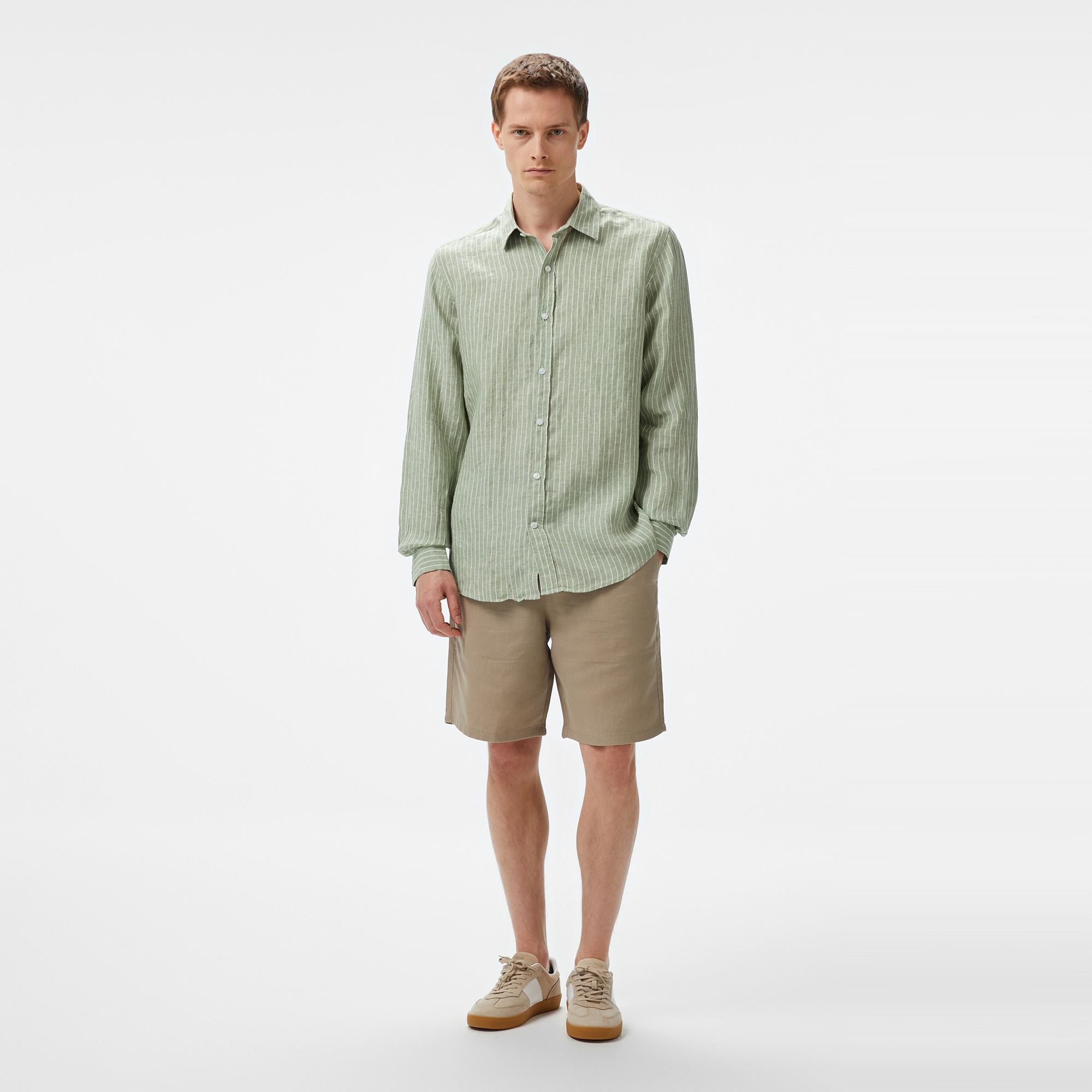 Nautica Erkek Yeşil Classic Fit Çizgili Keten Gömlek