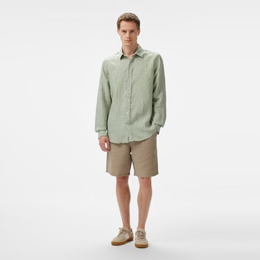  Nautica Erkek Yeşil Classic Fit Çizgili Keten Gömlek