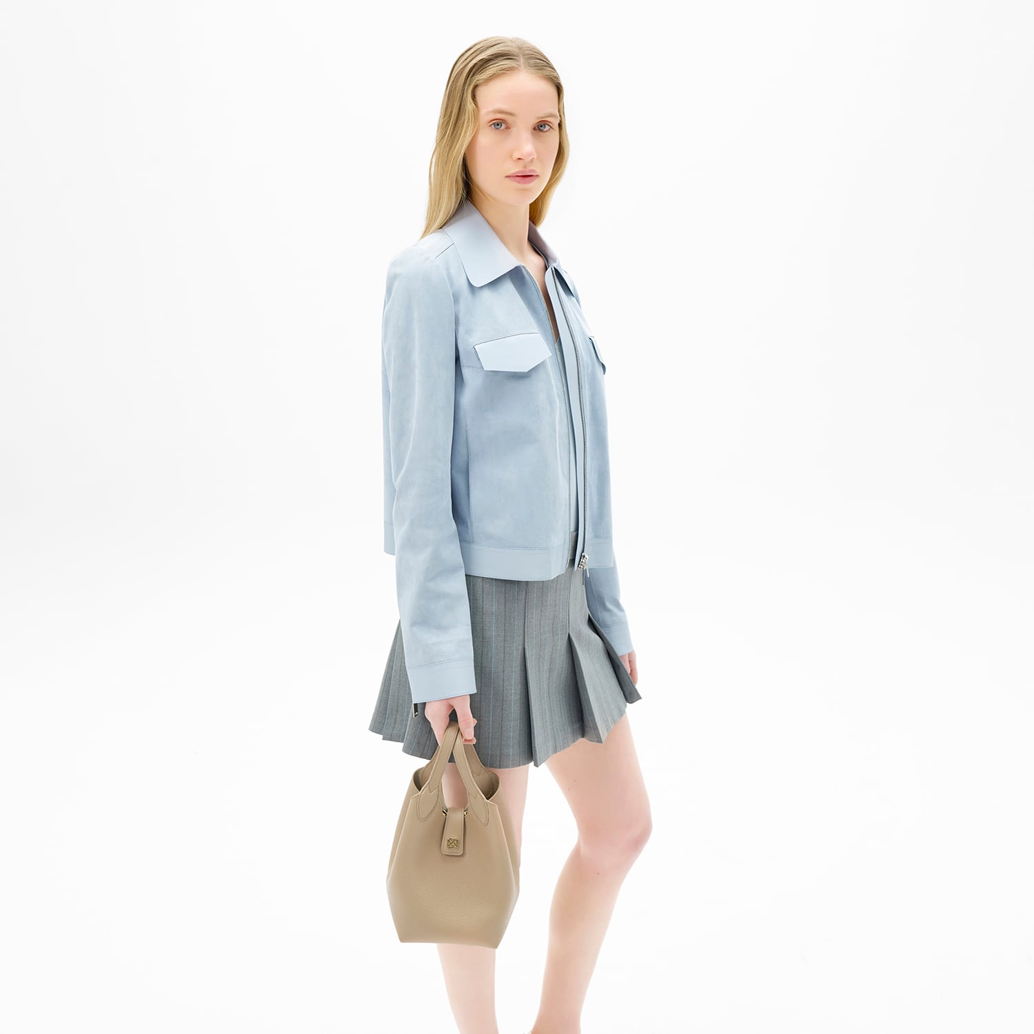  Limited Edition Kadın Mavi Deri Detaylı Fermuarlı Süet Ceket