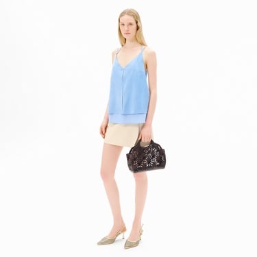  Kadın Mavi Askılı V Yaka Süet Bluz