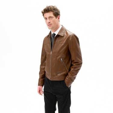  Erkek Taba Fermuarlı Gömlek Yaka Deri Ceket