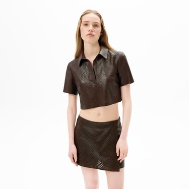  Kadın Kahve Lazer Kesimli Kısa Perforeli Deri Gömlek