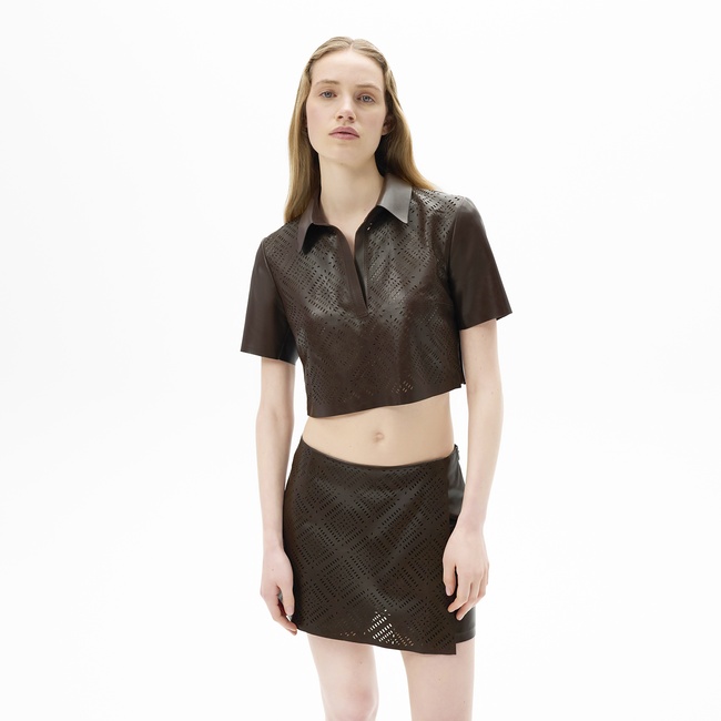  Kadın Kahve Lazer Kesimli Kısa Perforeli Deri Gömlek