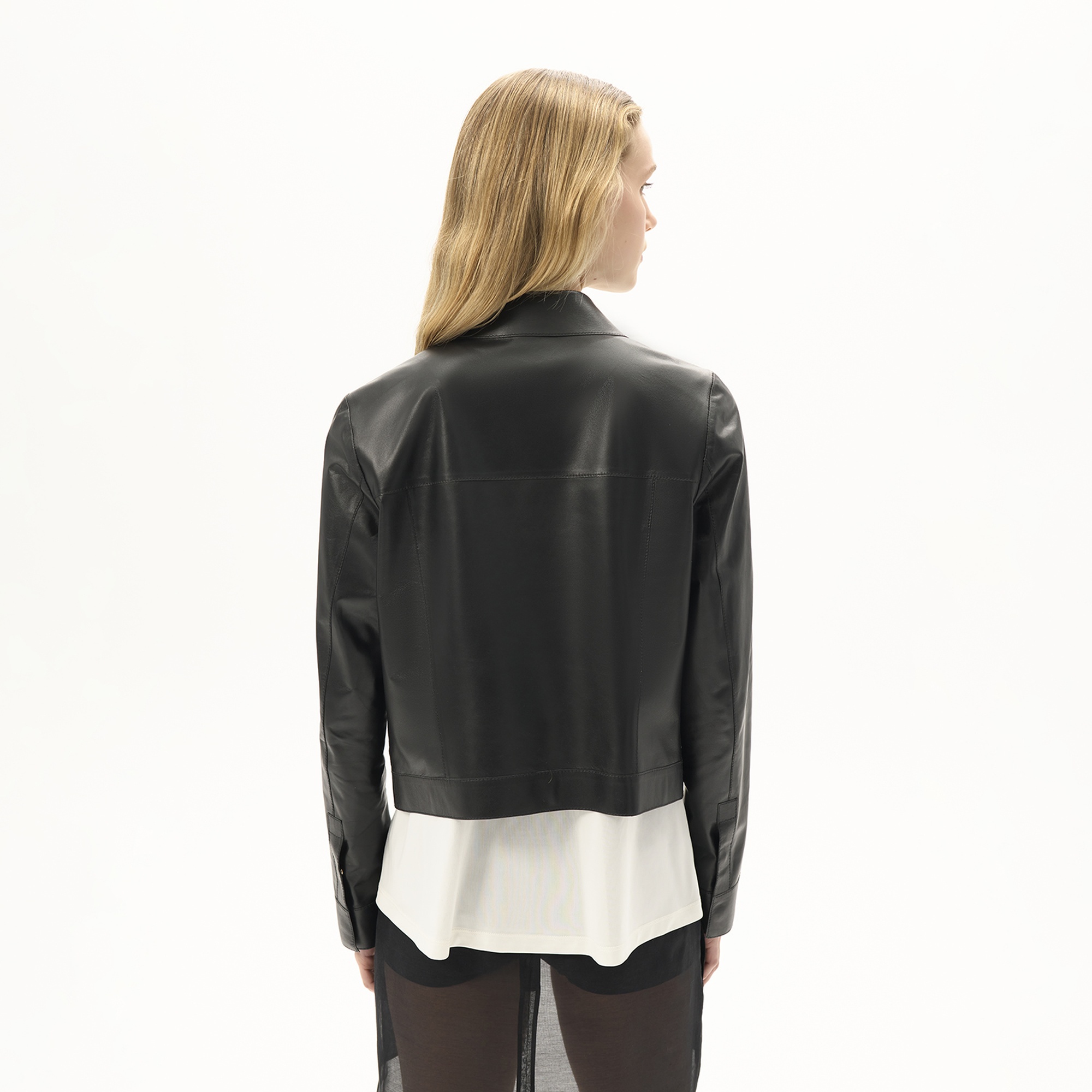 Kadın Siyah Gömlek Yaka Örmeli Deri Ceket