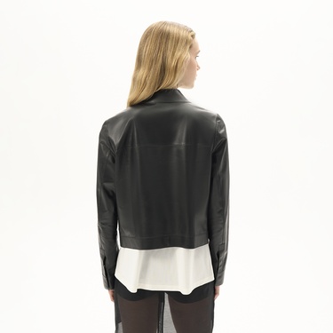 Kadın Siyah Gömlek Yaka Örmeli Deri Ceket