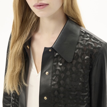  Kadın Siyah Gömlek Yaka Örmeli Deri Ceket