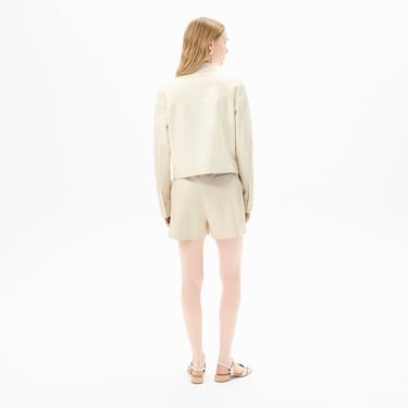  Kadın Beyaz Gömlek Yaka Örmeli Deri Ceket