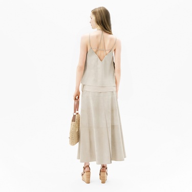  Kadın Pudra Askılı V Yaka Süet Bluz