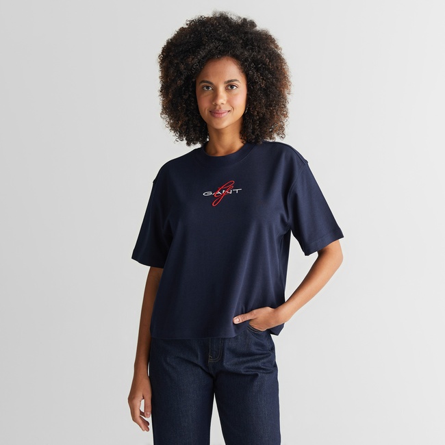  GANT Kadın Lacivert Bisiklet Yaka Logolu T-Shirt