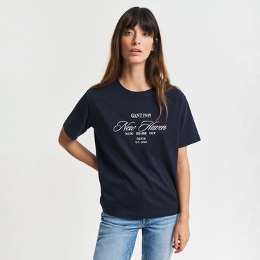  GANT Kadın Lacivert Relaxed Fit Bisiklet Yaka Logolu T-Shirt