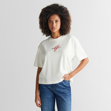  GANT Kadın Krem Bisiklet Yaka Logolu T-Shirt