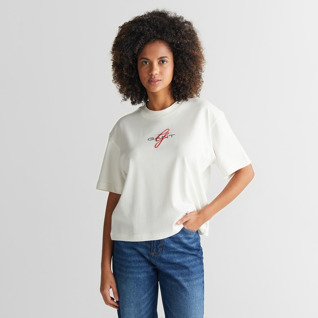  GANT Kadın Krem Bisiklet Yaka Logolu T-Shirt