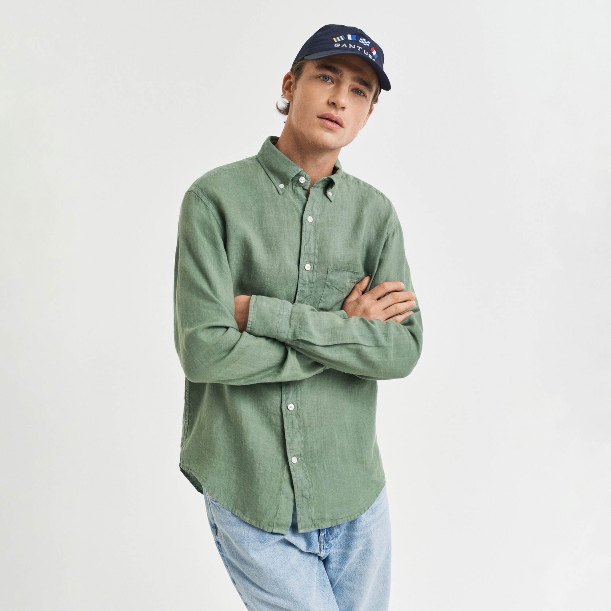 GANT Erkek Yeşil Regular Fit Düğmeli Yaka Keten Gömlek