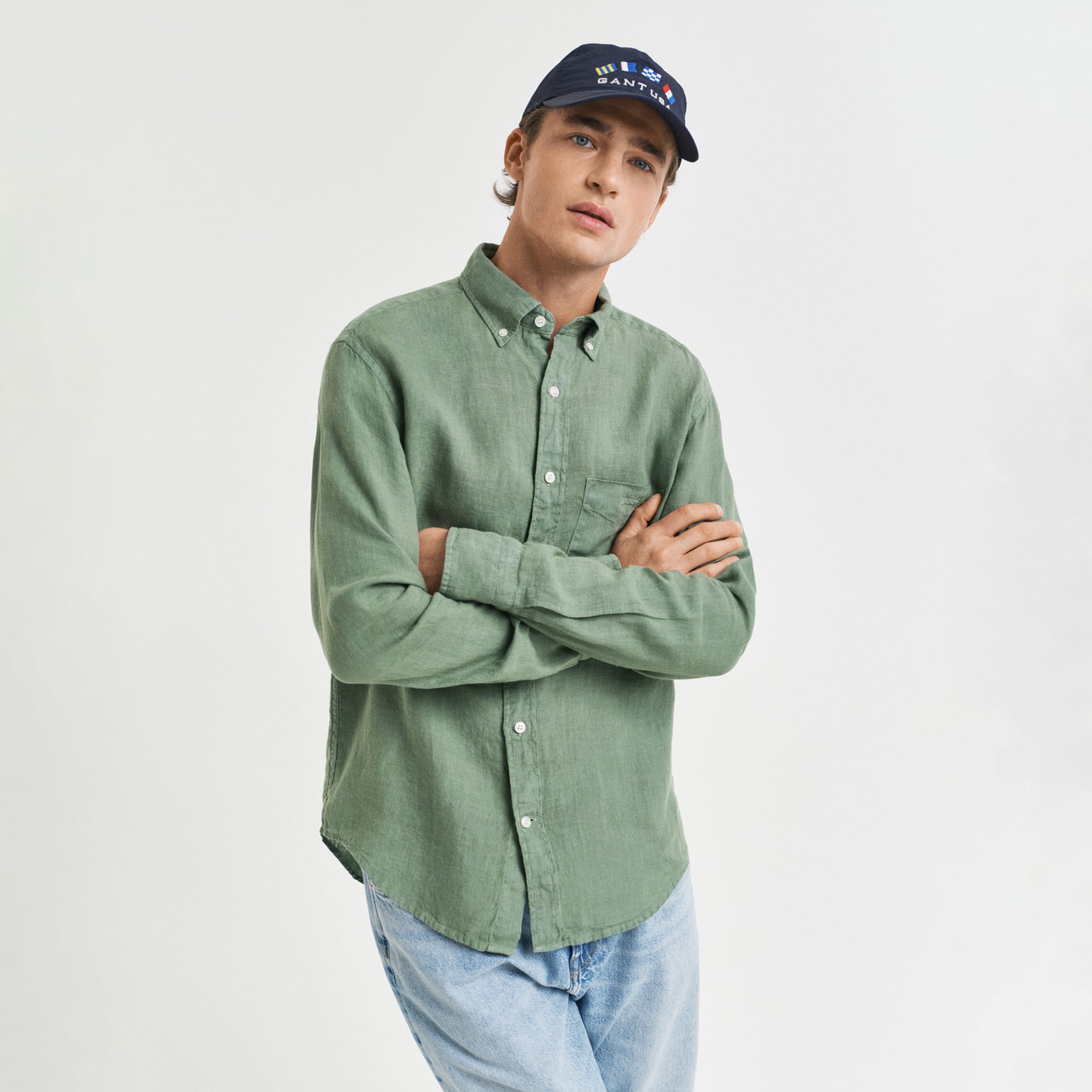  GANT Erkek Yeşil Regular Fit Düğmeli Yaka Keten Gömlek