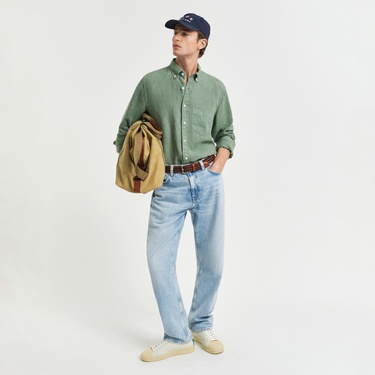  GANT Erkek Yeşil Regular Fit Düğmeli Yaka Keten Gömlek