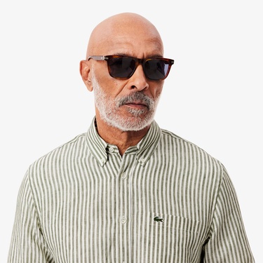 Lacoste Erkek Regular Fit Düğmeli Yaka Çizgili Keten Haki Gömlek