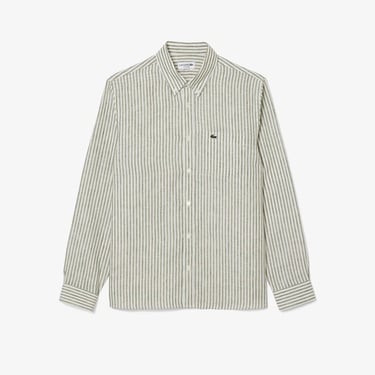  Lacoste Erkek Regular Fit Düğmeli Yaka Çizgili Keten Haki Gömlek