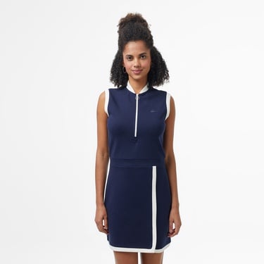  Lacoste Kadın Regular Fit Kolsuz Yarım Fermuarlı Renk Bloklu Lacivert Elbise