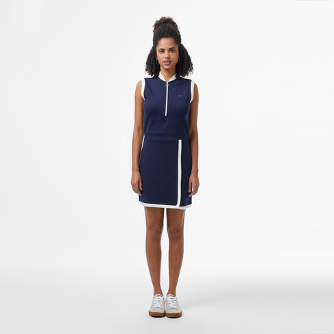  Lacoste Kadın Regular Fit Kolsuz Yarım Fermuarlı Renk Bloklu Lacivert Elbise