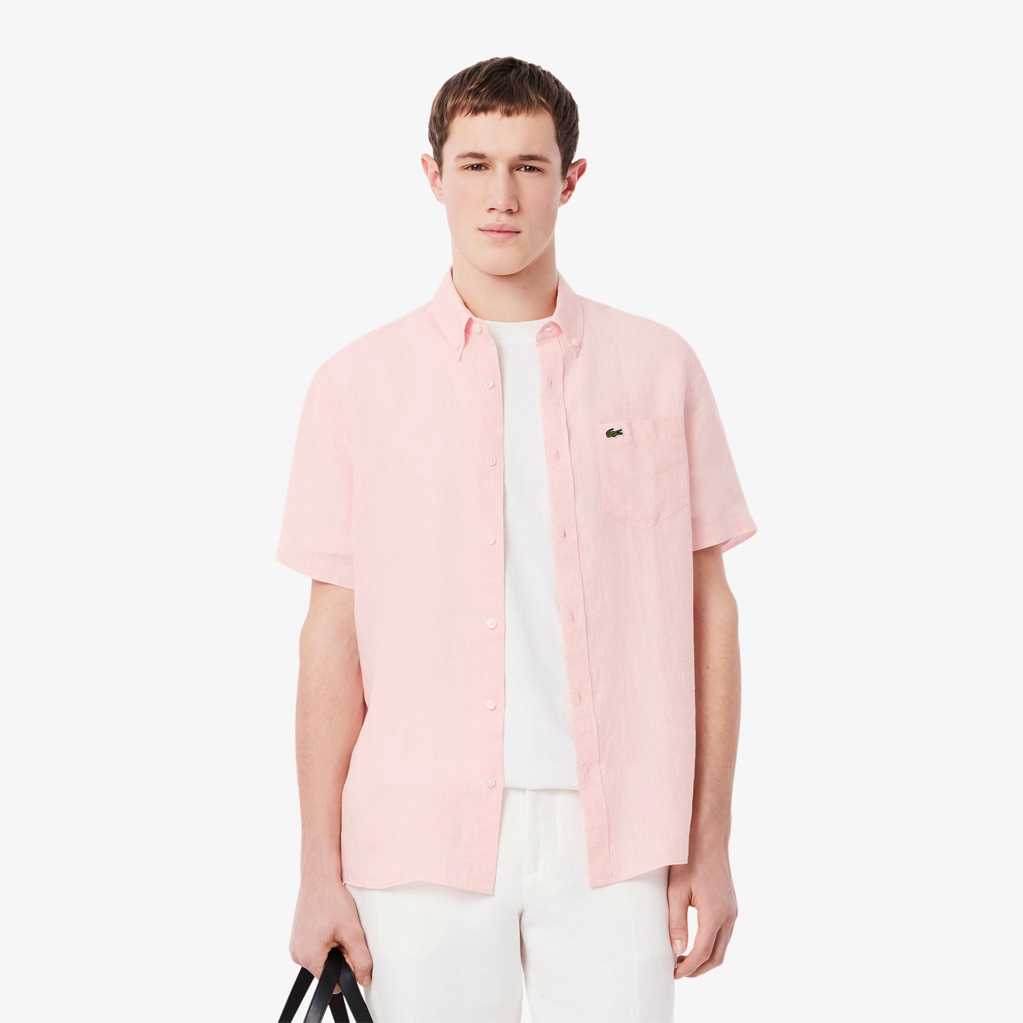 Erkek Regular Fit Kısa Kollu Düğmeli Yaka Keten Açık Pembe Gömlek