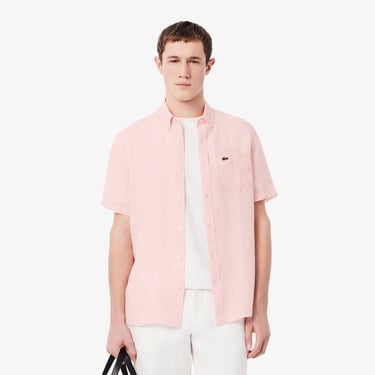 Lacoste Erkek Regular Fit Kısa Kollu Düğmeli Yaka Keten Açık Pembe Gömlek