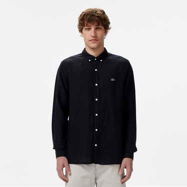  Lacoste Erkek Regular Fit Düğmeli Yaka Keten Siyah Gömlek