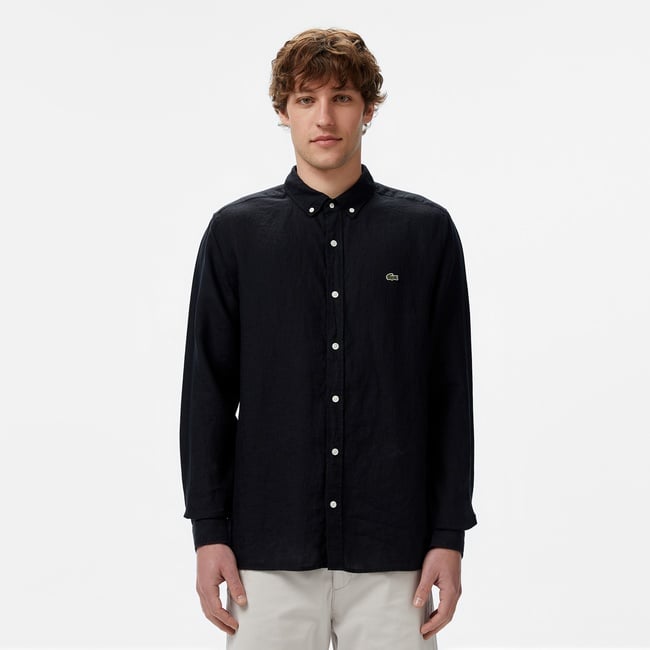 Lacoste Erkek Regular Fit Düğmeli Yaka Keten Siyah Gömlek