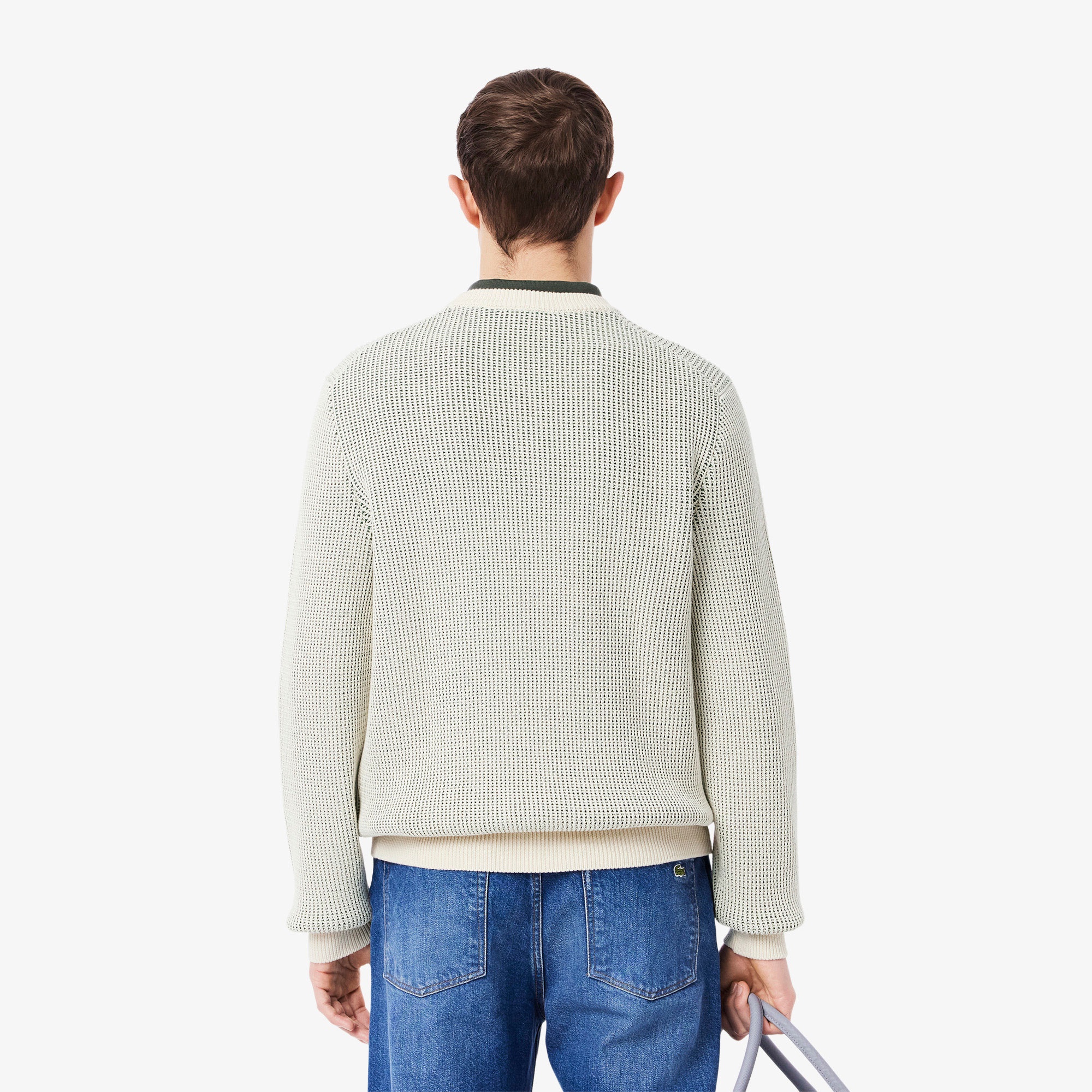 Erkek Classic Fit Bisiklet Yaka Desenli Krem Kazak