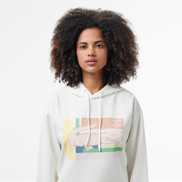  Kadın Relaxed Fit Kapüşonlu Baskılı Beyaz Sweatshirt