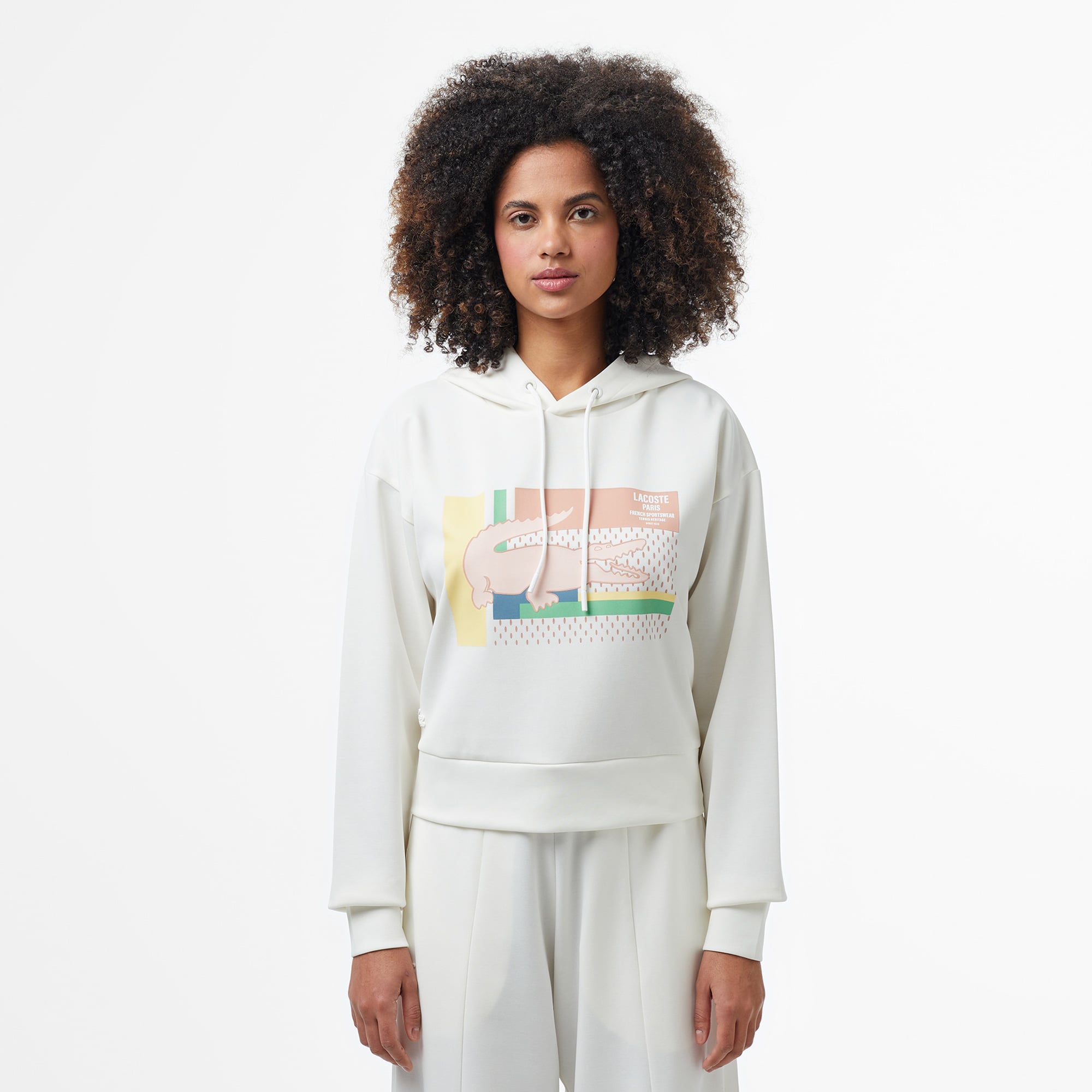  Kadın Relaxed Fit Kapüşonlu Baskılı Beyaz Sweatshirt