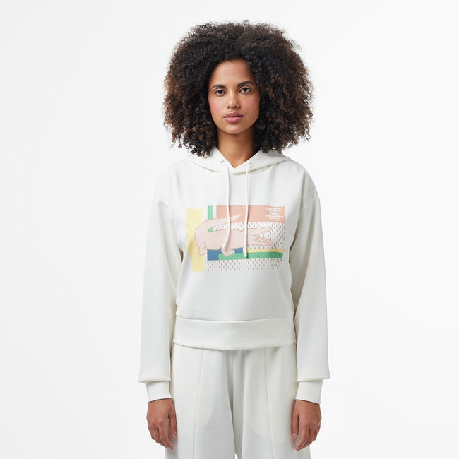  Kadın Relaxed Fit Kapüşonlu Baskılı Beyaz Sweatshirt