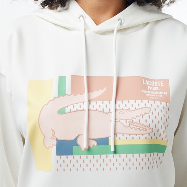  Kadın Relaxed Fit Kapüşonlu Baskılı Beyaz Sweatshirt