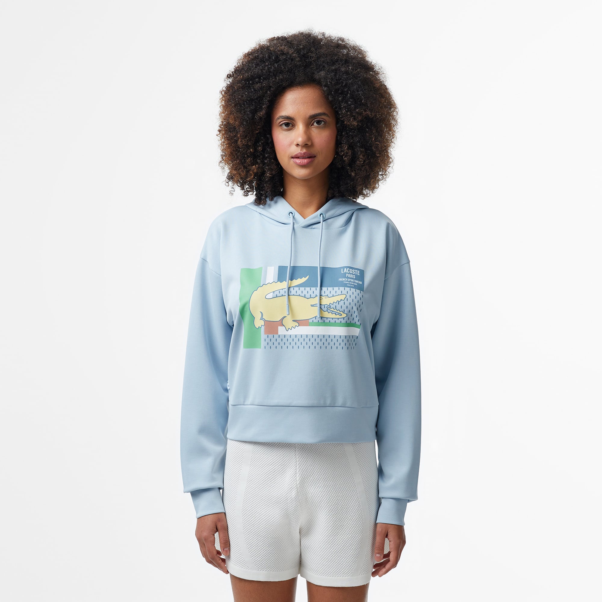  Kadın Relaxed Fit Kapüşonlu Baskılı Açık Mavi Sweatshirt