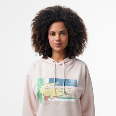  Lacoste Classic Kadın Kapüşonlu Baskılı Açık Pembe Sweatshirt