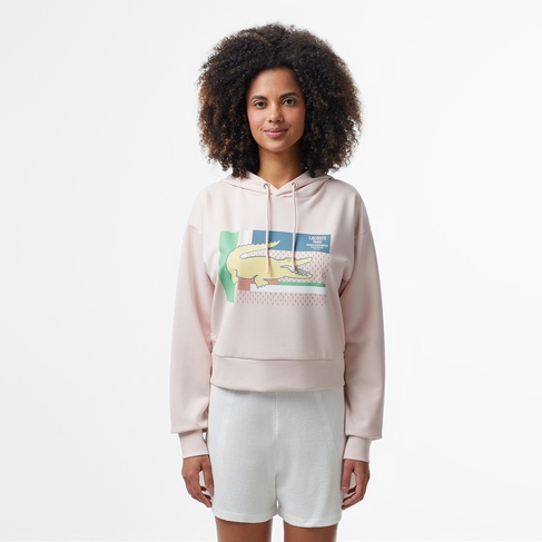  Lacoste Classic Kadın Kapüşonlu Baskılı Açık Pembe Sweatshirt