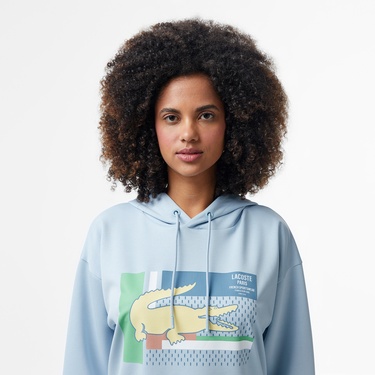 Kadın Relaxed Fit Kapüşonlu Baskılı Açık Mavi Sweatshirt