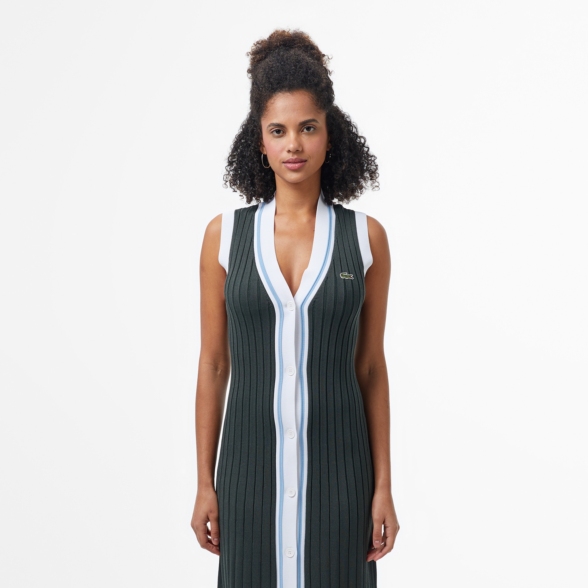 Lacoste Kadın Flare Fit Kolsuz V Yaka Renk Bloklu Koyu Yeşil Elbise