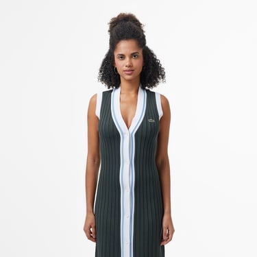  Lacoste Kadın Flare Fit Kolsuz V Yaka Renk Bloklu Koyu Yeşil Elbise