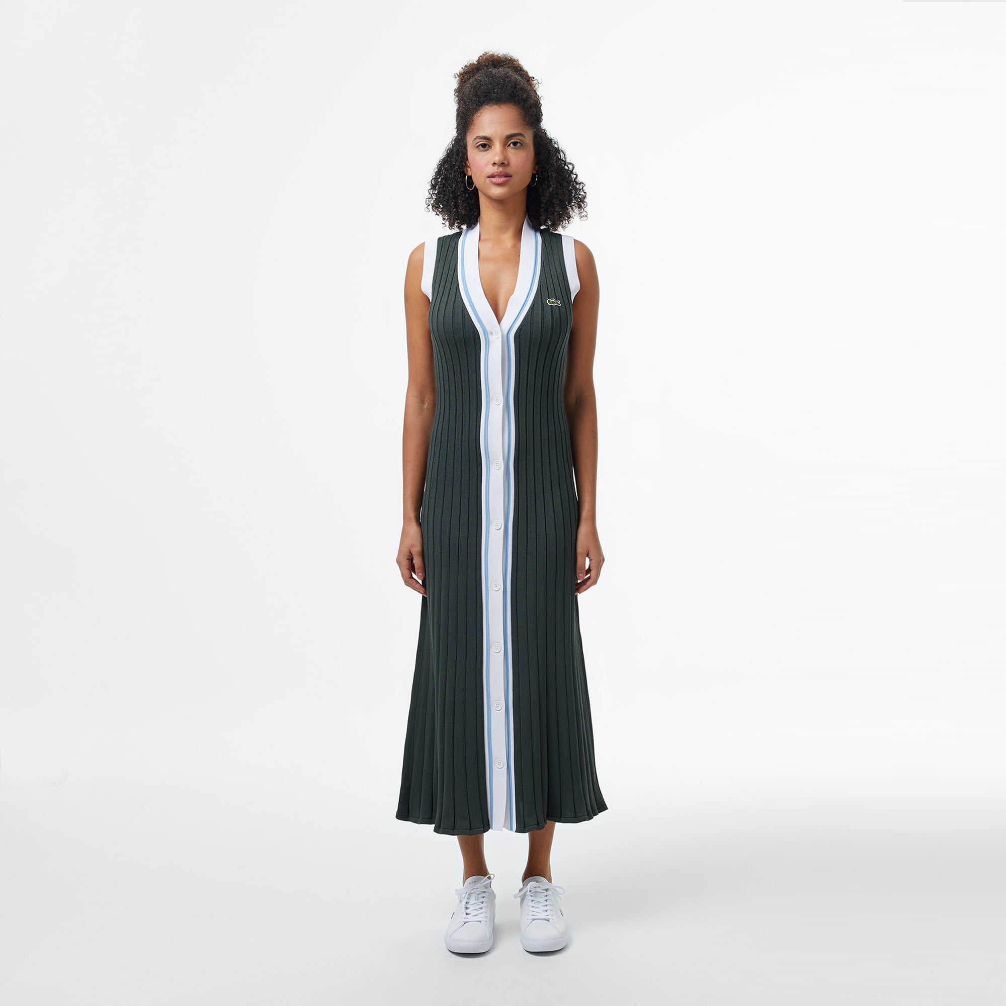 Lacoste Kadın Flare Fit Kolsuz V Yaka Renk Bloklu Koyu Yeşil Elbise