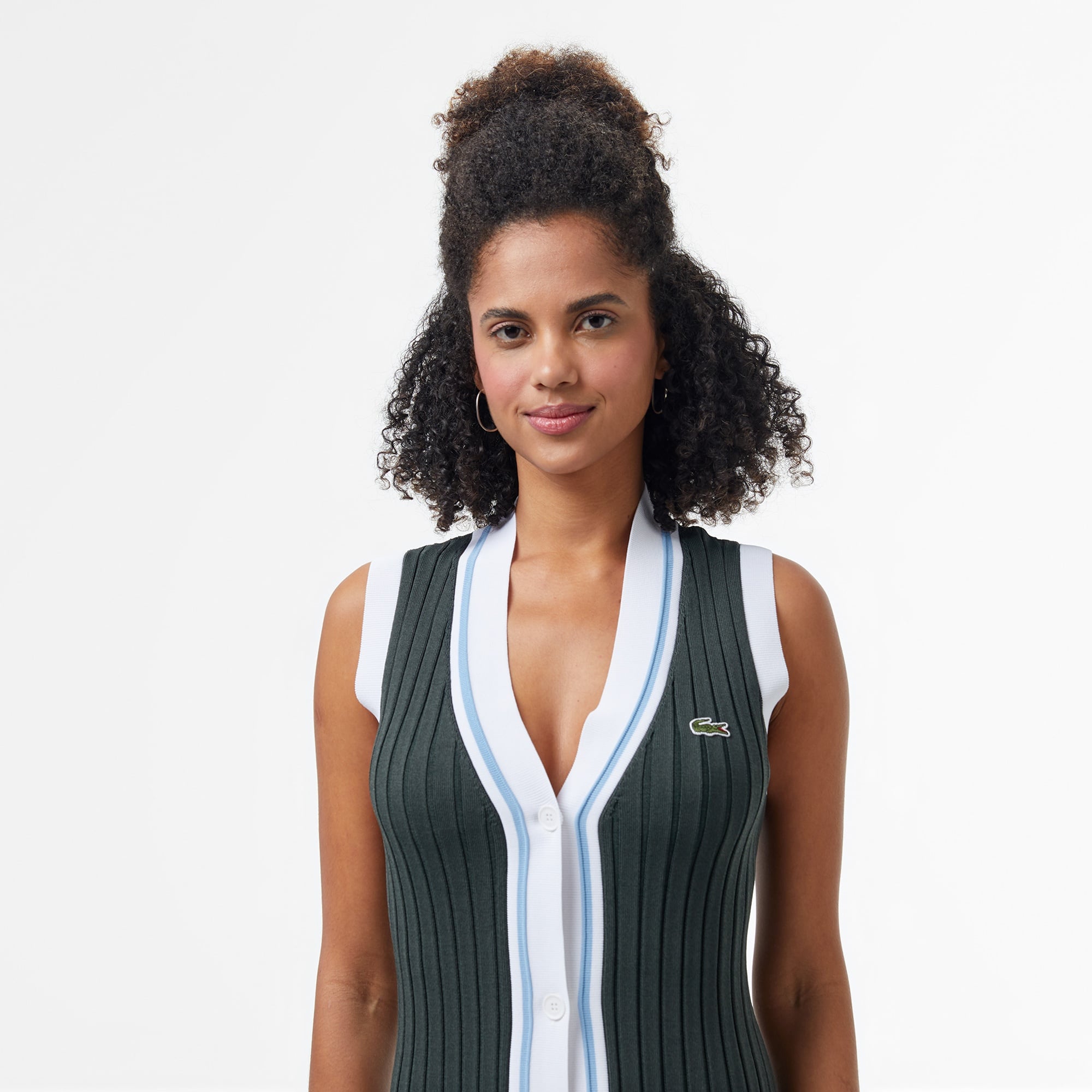 Lacoste Kadın Flare Fit Kolsuz V Yaka Renk Bloklu Koyu Yeşil Elbise