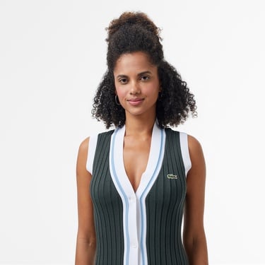  Lacoste Kadın Flare Fit Kolsuz V Yaka Renk Bloklu Koyu Yeşil Elbise