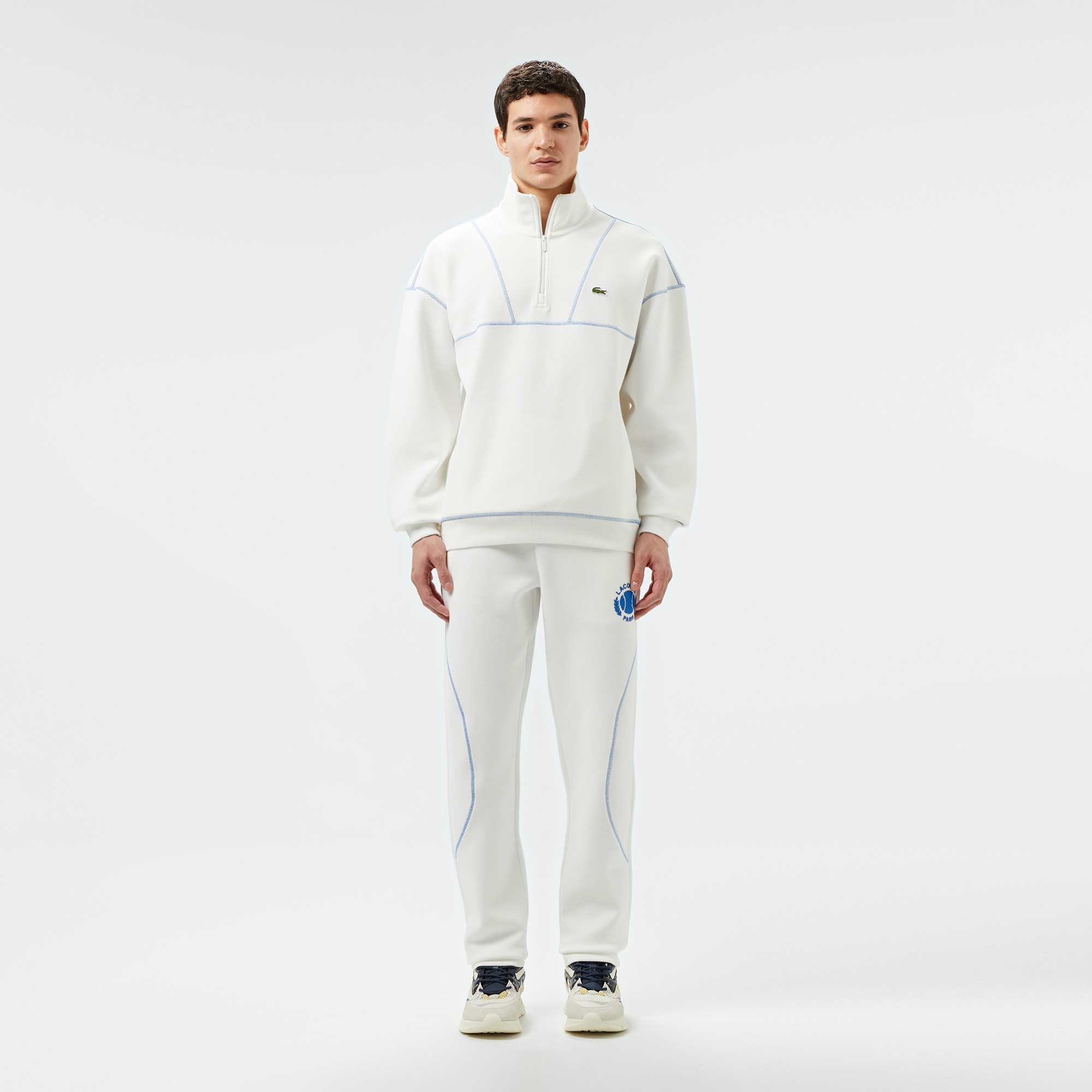 Lacoste Erkek Relaxed Fit Yarım Fermuarlı Renk Bloklu Beyaz Sweatshirt