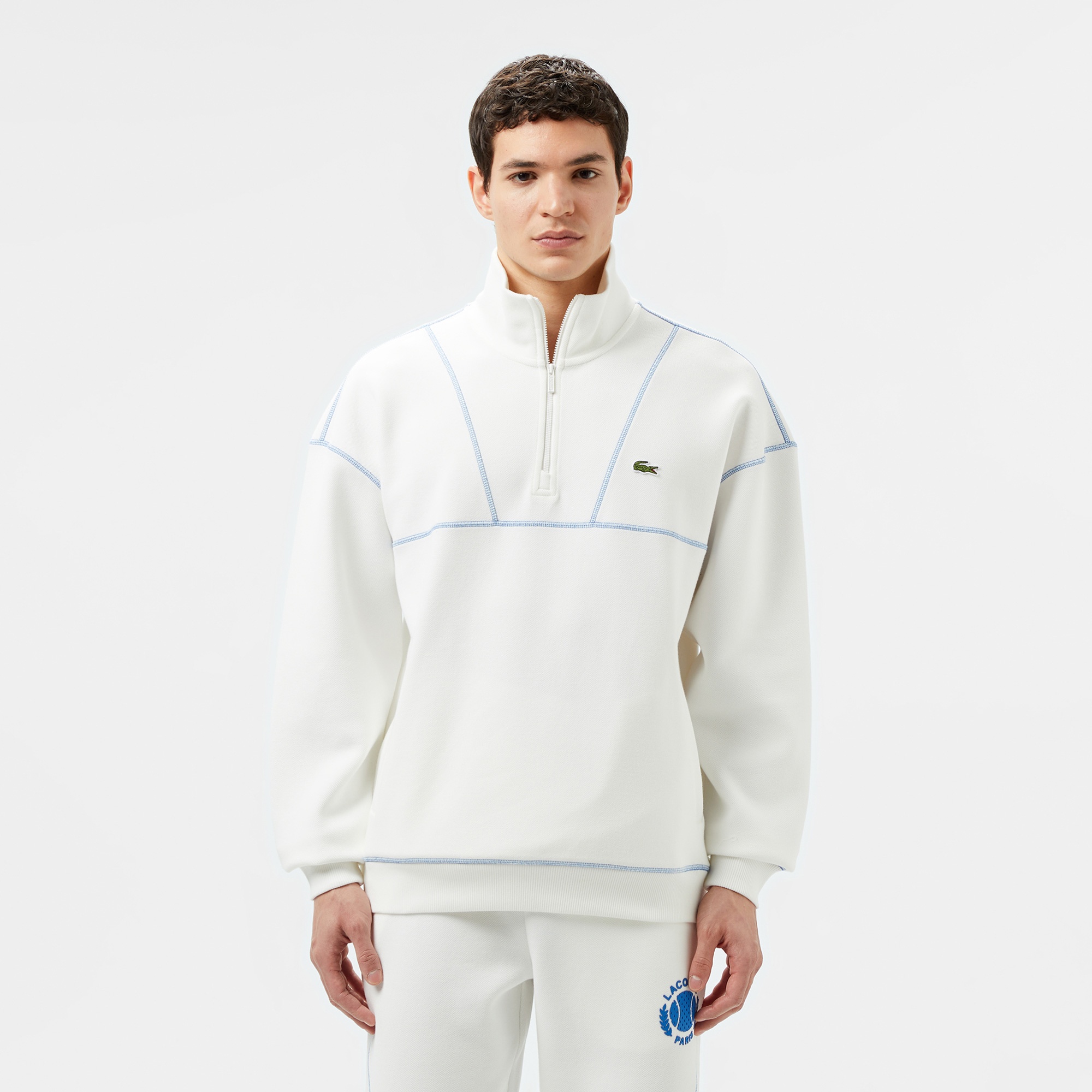 Lacoste Erkek Relaxed Fit Yarım Fermuarlı Renk Bloklu Beyaz Sweatshirt