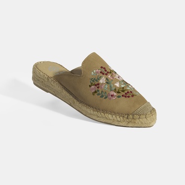  Limited Edition Bej Kadın Çiçek Nakışlı Süet Espadril Terlik