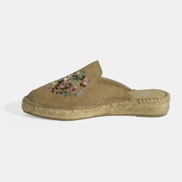  Limited Edition Bej Kadın Çiçek Nakışlı Süet Espadril Terlik