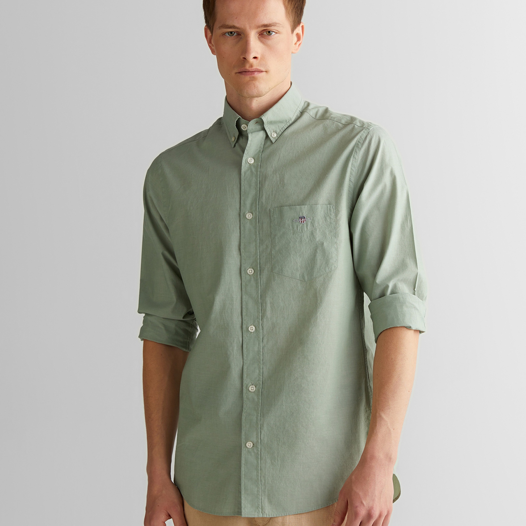 GANT Erkek Yeşil Regular Fit Düğmeli Yaka Poplin Gömlek