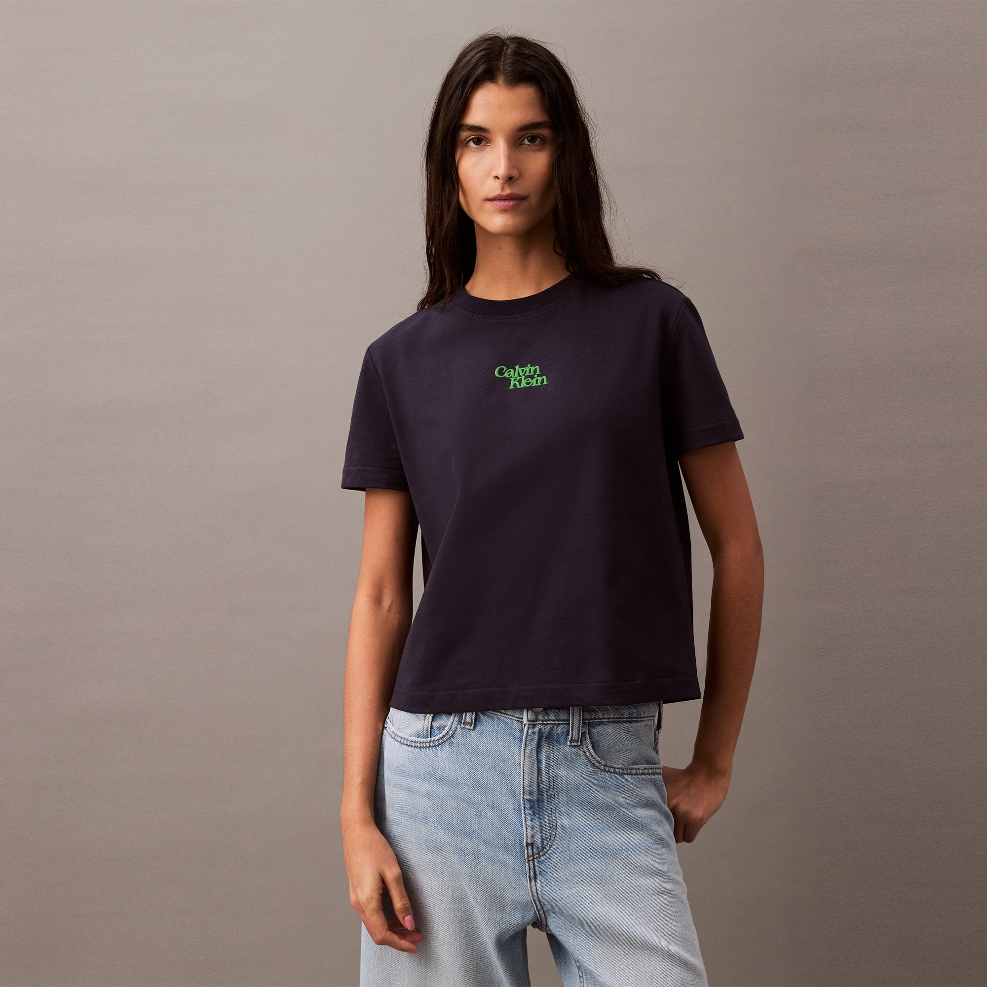 Calvin Klein Flocked Logo Kadın Mavi T-Shirt