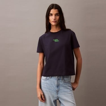  Calvin Klein Flocked Logo Kadın Mavi T-Shirt